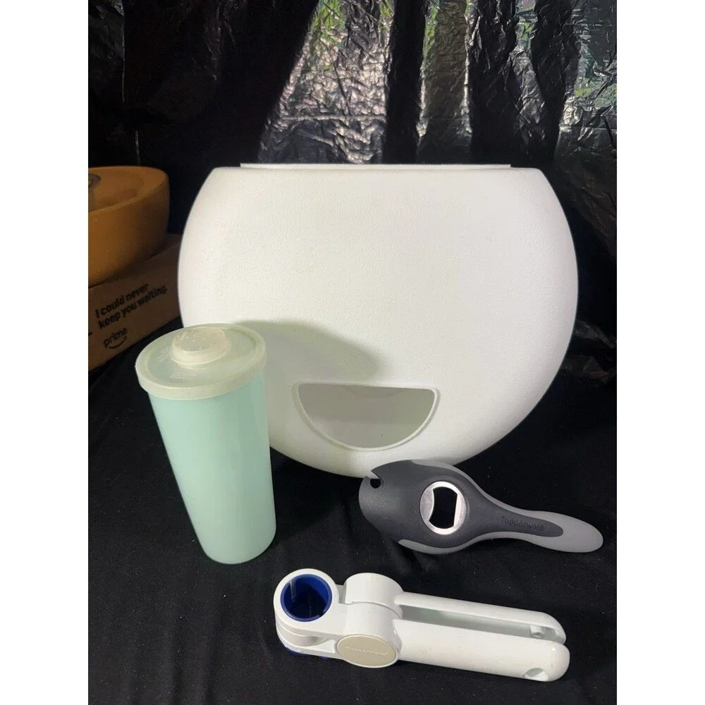 Tupperware 4 Pc Collection Garlic Press/Can Opener/juice/salad Dressing/lid Hold